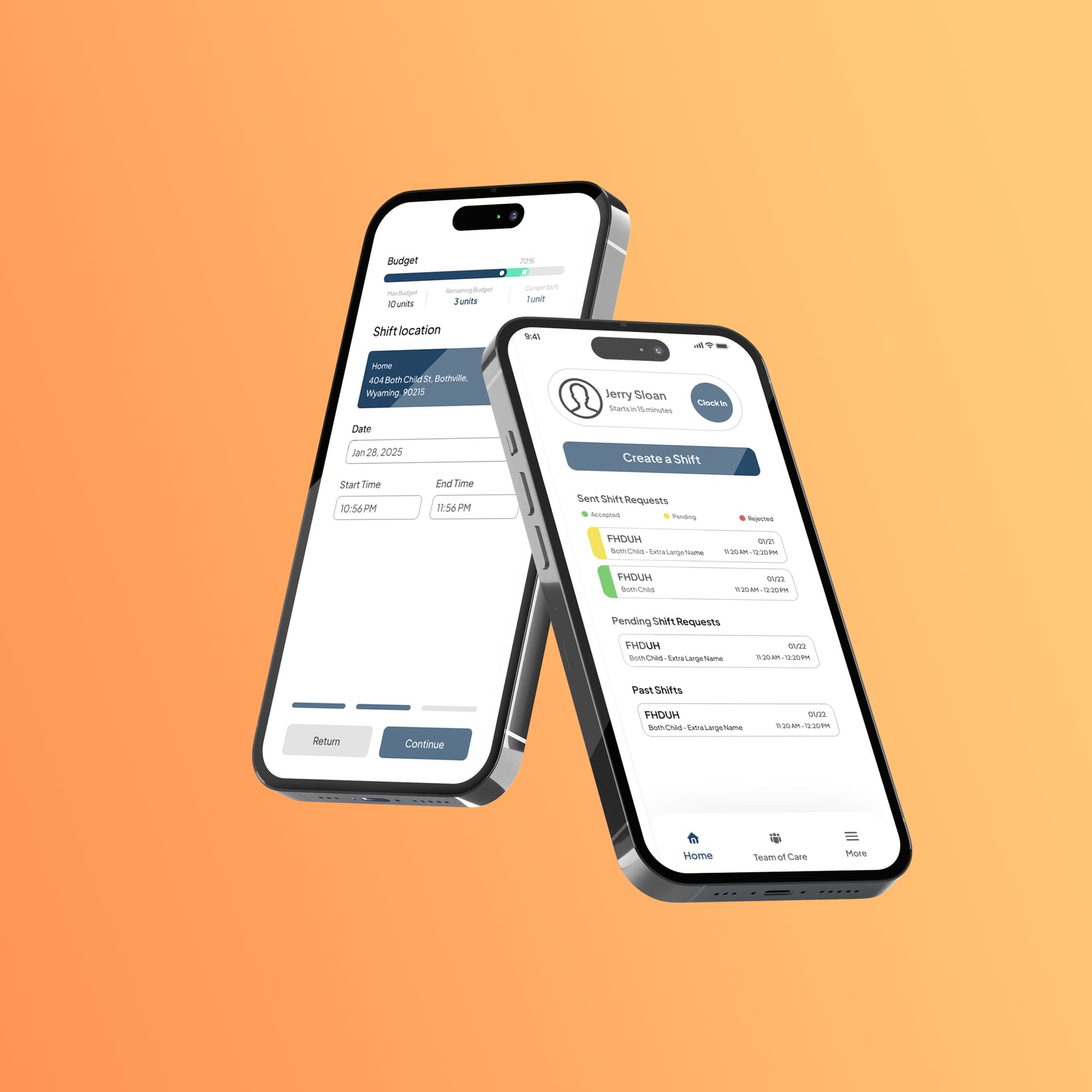 Two phones showing the Simpl Care mobile app in use