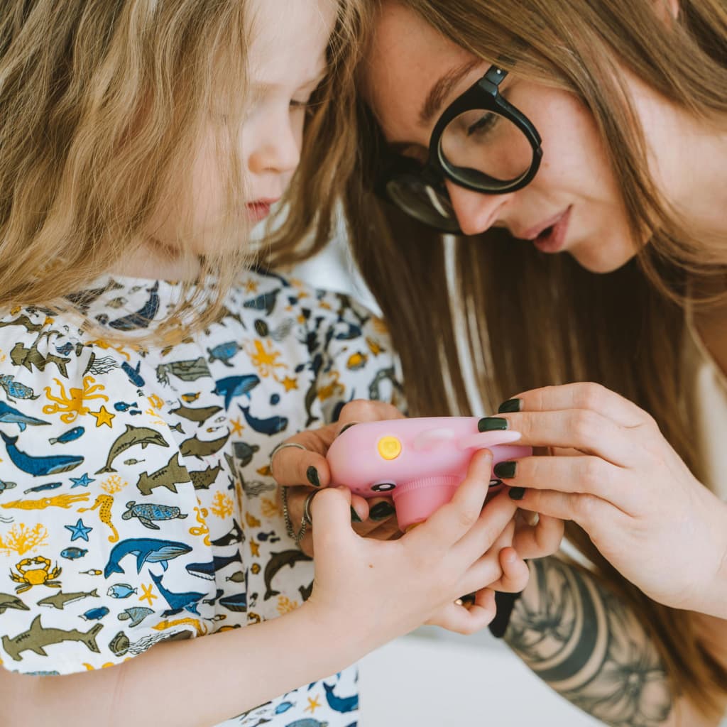 A woman and child looking at a toy together